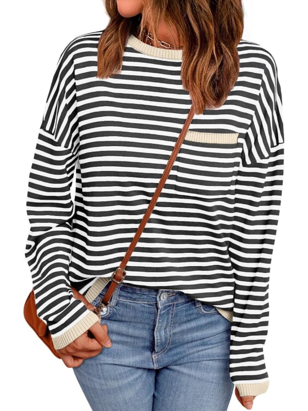 Cozy Apricot-Striped Crew Neck Sweater - Fashion-Forward Women's Fall Must-Have